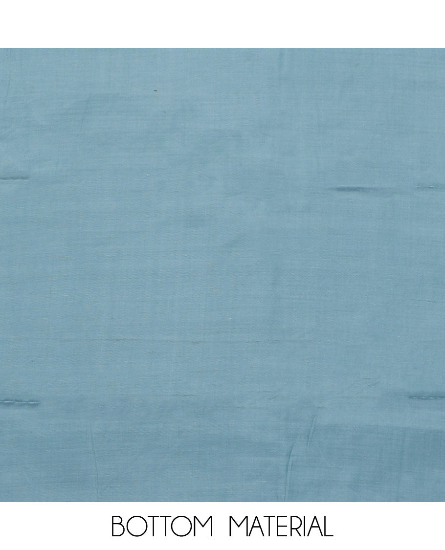 Blue material chudidar set, striped and neck work top, plain bottom, and floral printed dupatta