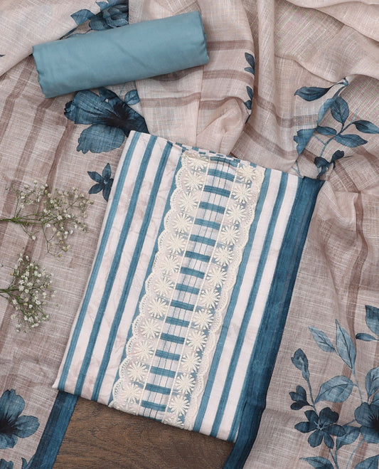 Blue material chudidar set, striped and neck work top, plain bottom, and floral printed dupatta