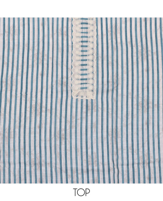 Blue material chudidar set, striped and neck work top, plain bottom, and floral printed dupatta
