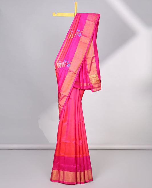 Pink  floral buttas uppada silk saree with contrast zari border & floral design pallu