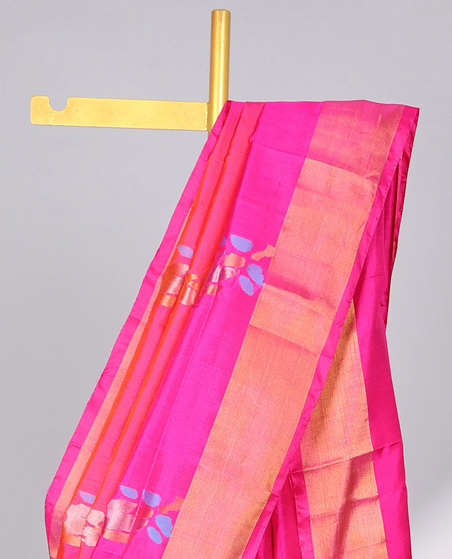 Pink  floral buttas uppada silk saree with contrast zari border & floral design pallu