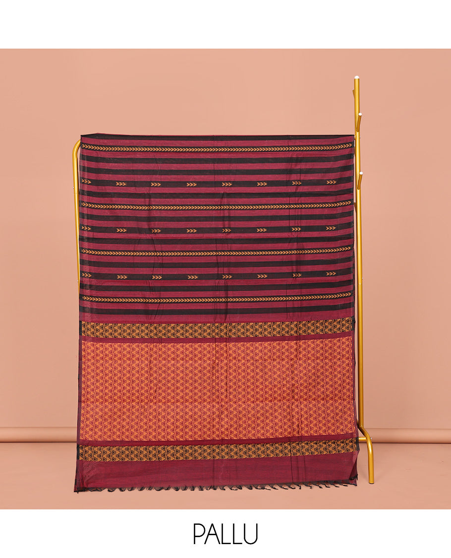 Borderless Red and Black Kanchi Cotton Saree, Accentuated with Stripes and Triangle Buttas on Its Body, Self-Pallu of Chevron Designs, and Paired with a Matching Blouse