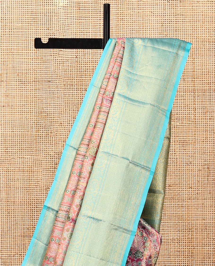 Pink Meenakari Jacquard Kanchipuram Tissue Silk Saree, a Contrast Border of Thilakam, Muthu, Poun, Arumbu Manga, and Jaal Design, Grand Pallu, and a Contrast Blouse