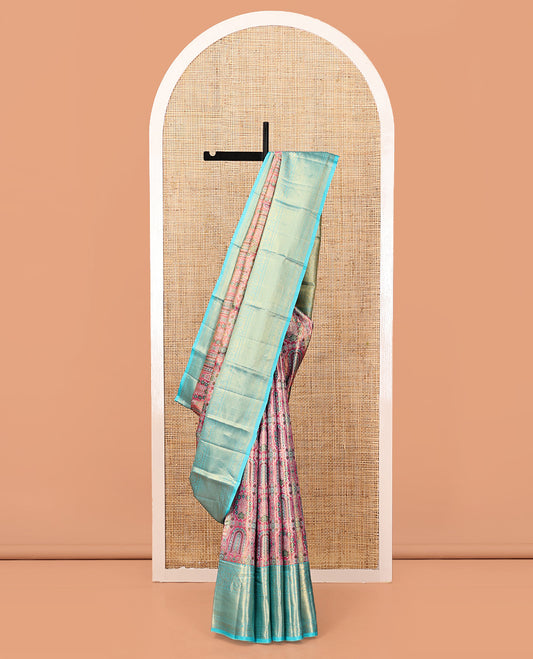 Pink Meenakari Jacquard Kanchipuram Tissue Silk Saree, a Contrast Border of Thilakam, Muthu, Poun, Arumbu Manga, and Jaal Design, Grand Pallu, and a Contrast Blouse