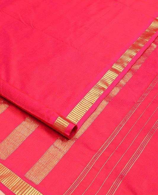 Pink plain nine-yard silk saree, zari border, and pallu of zari designs