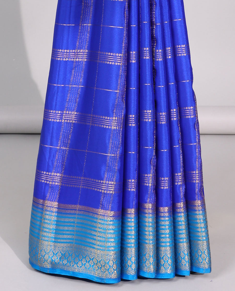 Blue checked art mysore silk saree with contrast traditional zari border & striped zari pallu