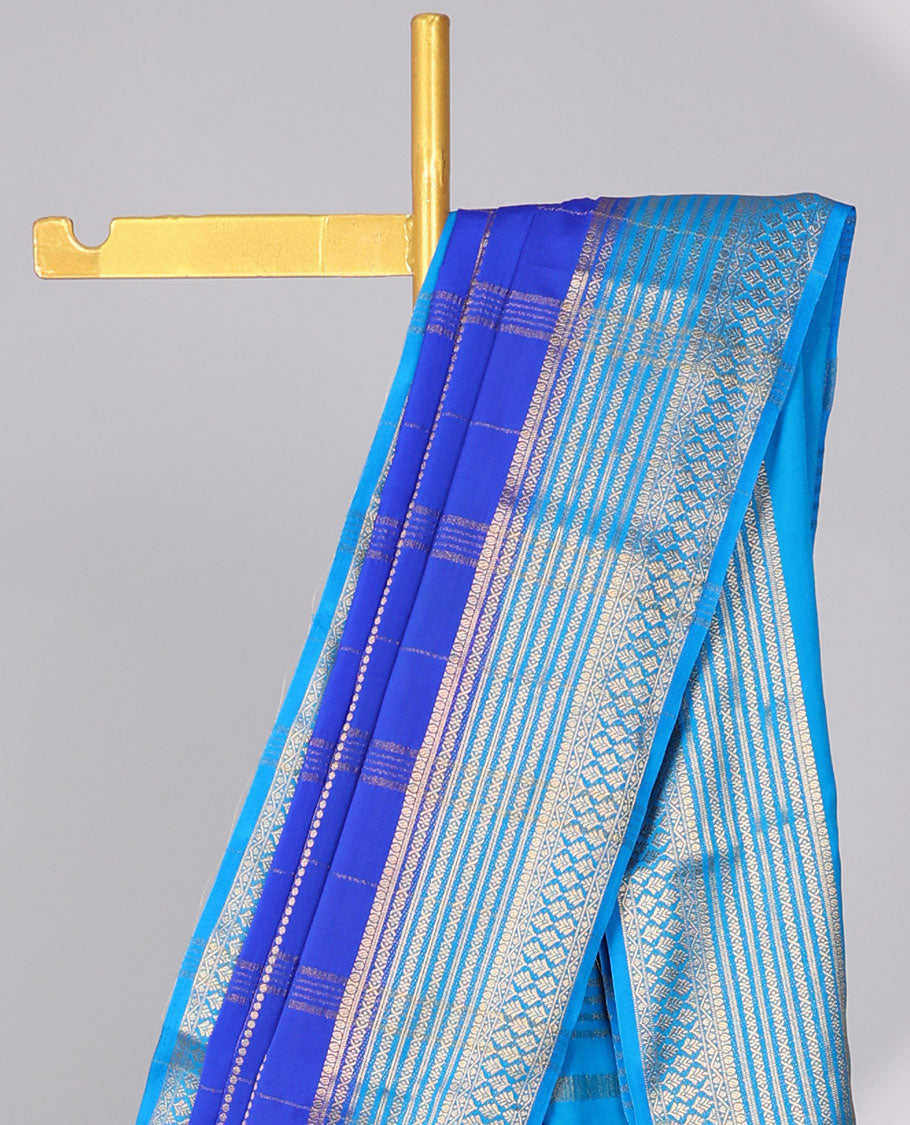 Blue checked art mysore silk saree with contrast traditional zari border & striped zari pallu