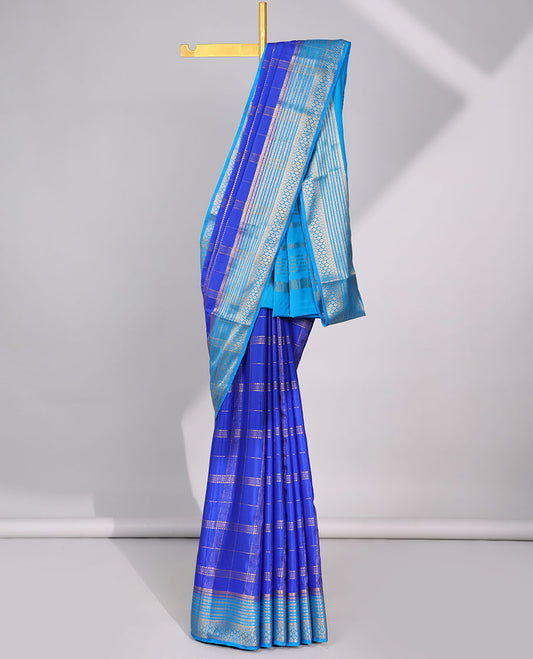 Blue checked art mysore silk saree with contrast traditional zari border & striped zari pallu