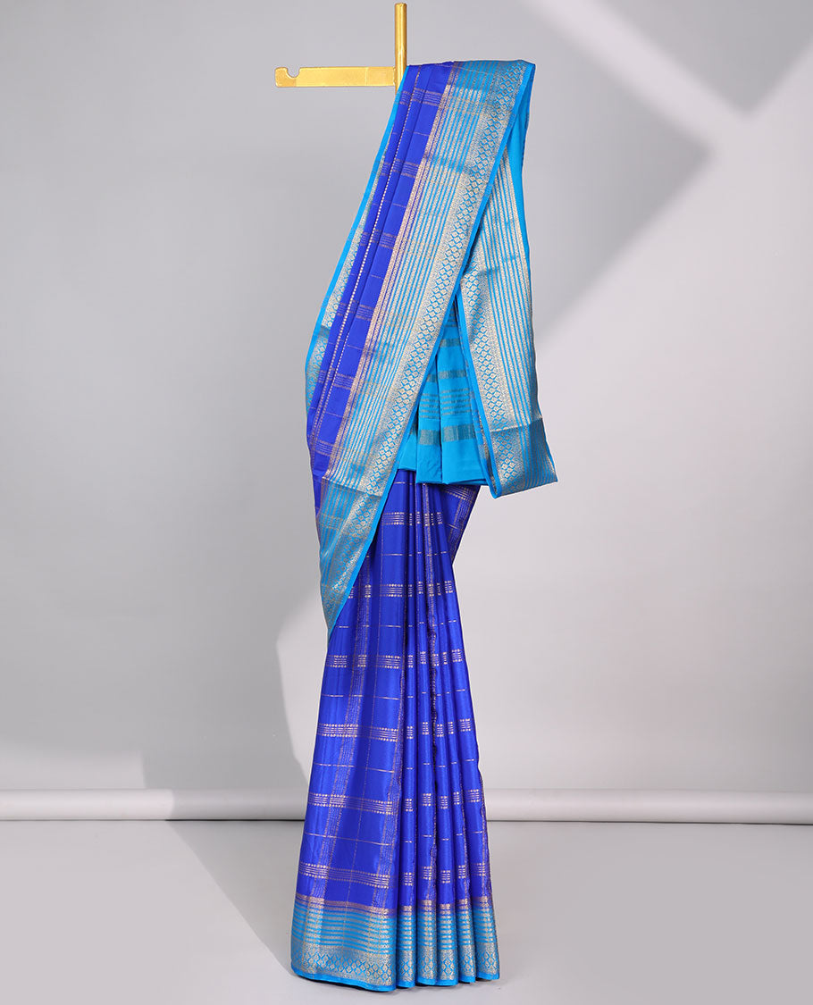 Blue checked art mysore silk saree with contrast traditional zari border & striped zari pallu