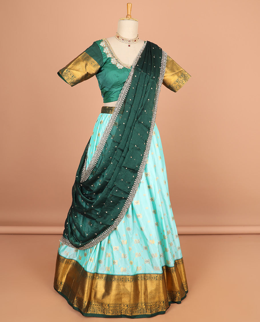 Light blue buttas half saree with contrast embroidery border , floral fembroidery blouse & floral embroidery scallop border dhavani