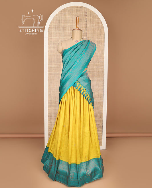 Mustard floral jacquard banaras half saree with contrast zari design border , zari design blouse & floral zari design dhavani