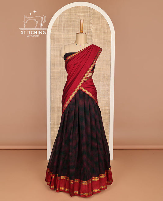 Black checked cotton half saree with contrast zari design border, checked blouse & plain, intricate zari design dhavani