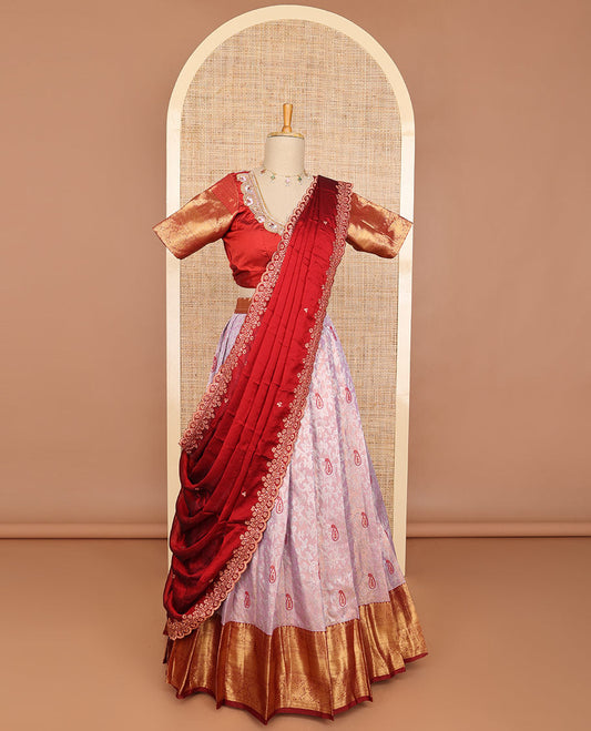 Lavender floral art silk half saree with contrast zari design border, embroidered blouse & floral embroidery dhavani