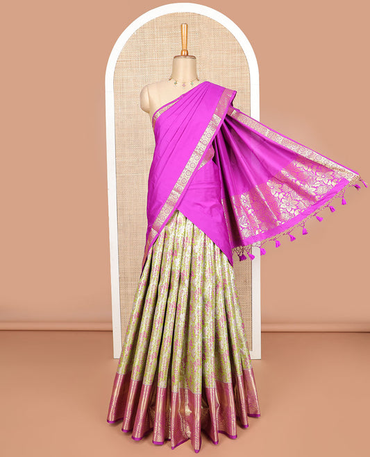 Light green floral jaal design art sillk saree with contrast border of intricate zari designs, zari design blouse & floral design dhavani