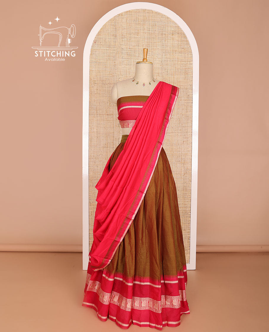 Brown cotton half saree with contrast peacock design border, peacock design blouse & temple border dhavani