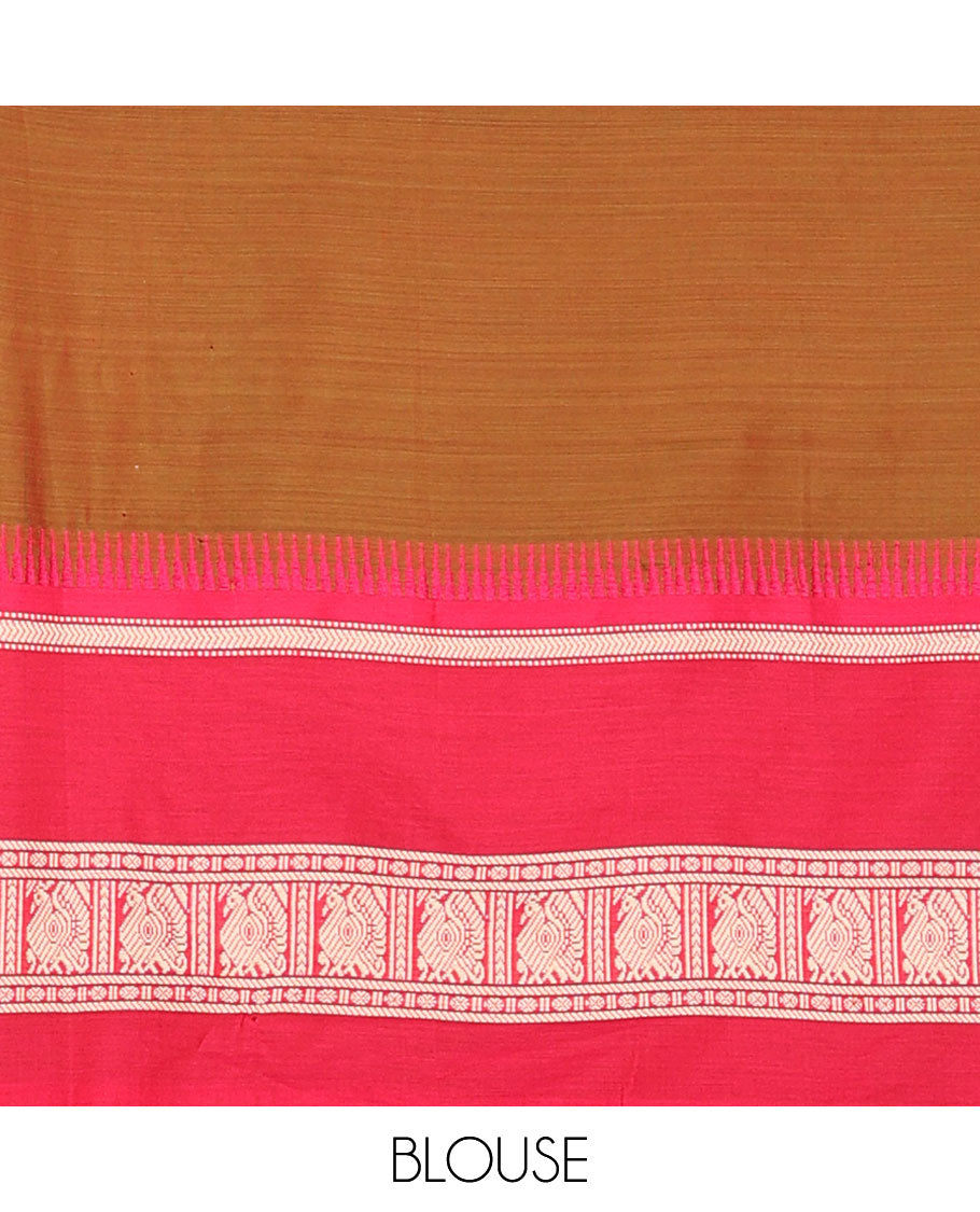 Brown cotton half saree with contrast peacock design border, peacock design blouse & temple border dhavani