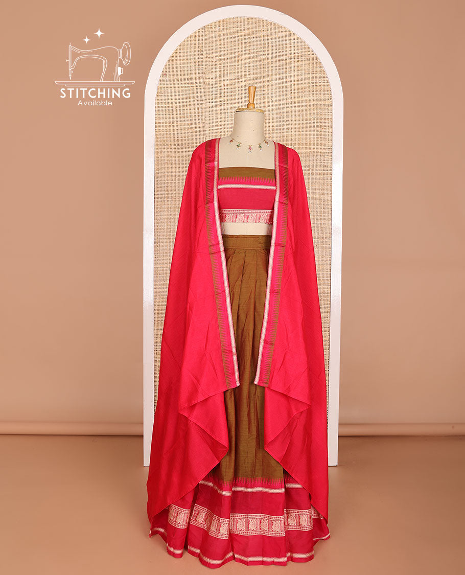 Brown cotton half saree with contrast peacock design border, peacock design blouse & temple border dhavani