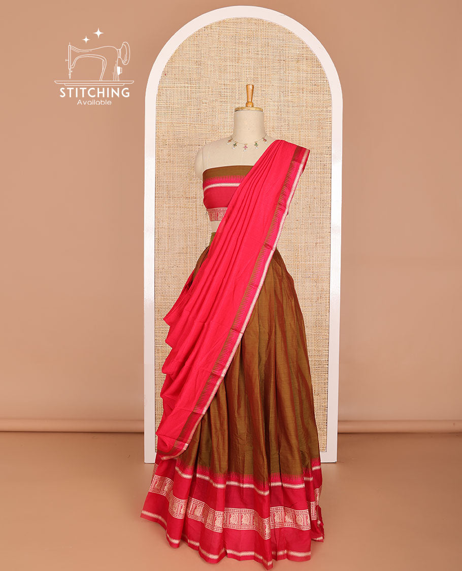 Brown cotton half saree with contrast peacock design border, peacock design blouse & temple border dhavani