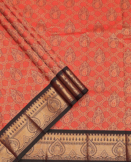 Red Art Silk Pavadai Material Set, Embellished with Jacquard Design on Its Skirt, Complemented by a Contrast Zari Design Border, and Paired with a Contrast Blouse