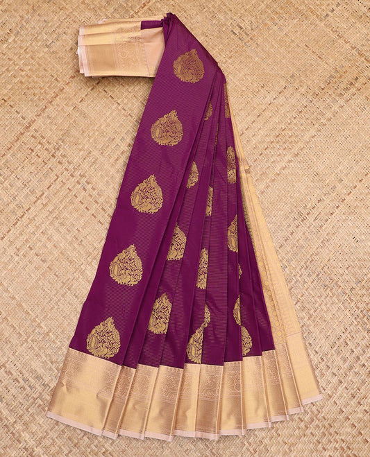 Purple zari buttas and striped gift saree, contraast traditional zari border, and pallu of jaal pallu