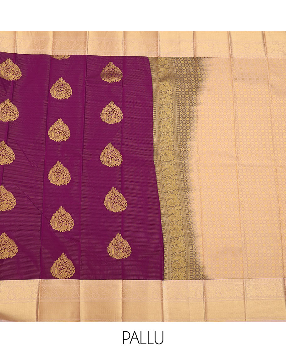 Purple zari buttas and striped gift saree, contraast traditional zari border, and pallu of jaal pallu