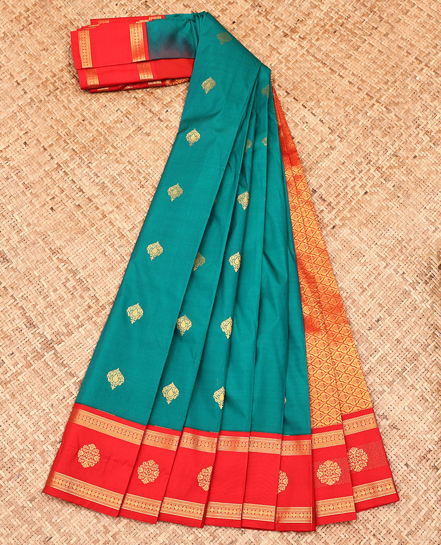 Green Budget Silk Saree, Enriched with Zari Buttas All Over Its Body, Complemented by a Contrast Traditional Zari Design Border, Grand Jaal Pallu, and Paired with a Contrast Blouse