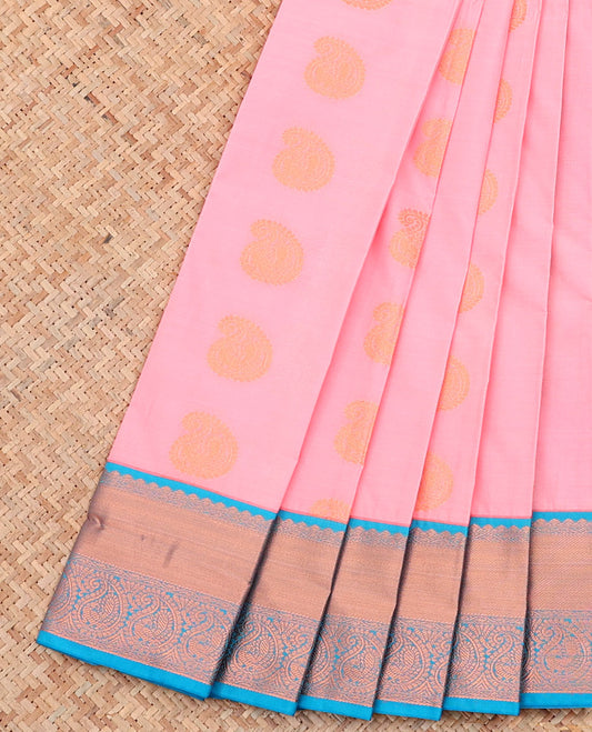 Pink Budget Silk Saree, Elevated with Paisley Zari Buttas on Its Body, Complemented by a Contrast Traditional Zari Design Border, Intricately Designed Pallu, and Paired with a Contrast Blouse