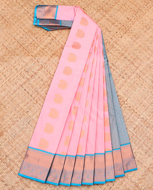 Pink Budget Silk Saree, Elevated with Paisley Zari Buttas on Its Body, Complemented by a Contrast Traditional Zari Design Border, Intricately Designed Pallu, and Paired with a Contrast Blouse