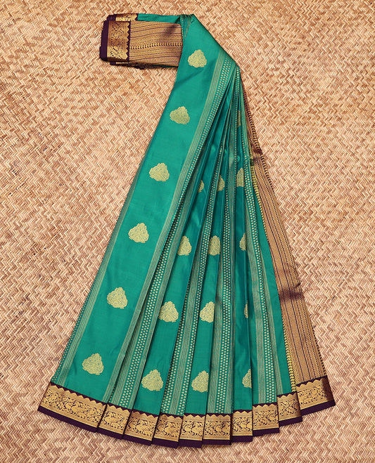 Green Budget Silk Saree, Finely Crafted with Zari Buttas and Stripes, Complemented by a Contrast Traditional Zari Border, Grand Pallu, and a Contrast Blouse