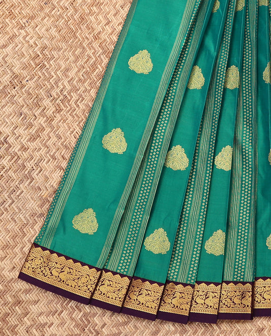 Green Budget Silk Saree, Finely Crafted with Zari Buttas and Stripes, Complemented by a Contrast Traditional Zari Border, Grand Pallu, and a Contrast Blouse