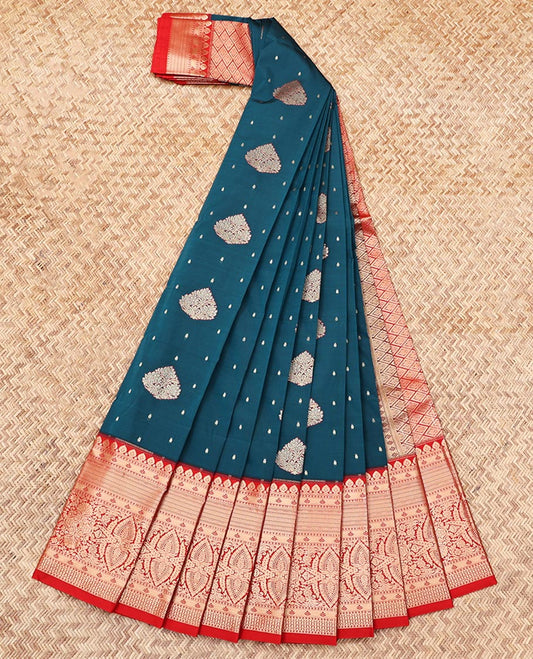 Blue Budget Silk Saree, Crafted with Zari Buttas, Complemented by a Contrast Traditional Zari Border, Jaal Pallu, and a Contrast Blouse
