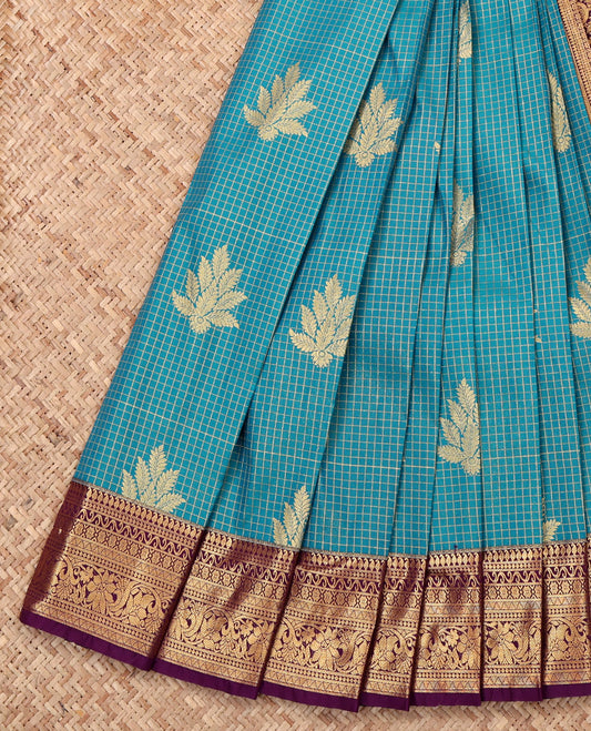 Blue Budget Silk Saree, Decorated with Zari Buttas and Checks, Complemented by a Contrast Traditional Zari Border, Grand Pallu, and a Contrast Blouse