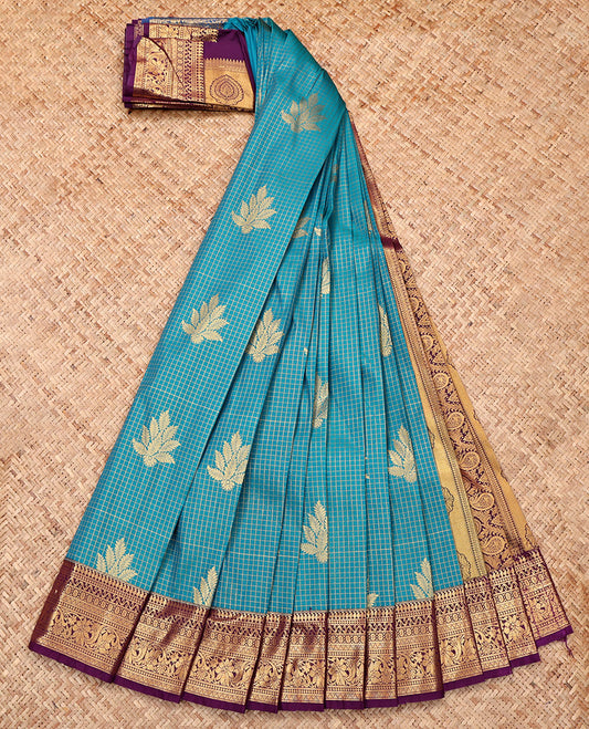 Blue Budget Silk Saree, Decorated with Zari Buttas and Checks, Complemented by a Contrast Traditional Zari Border, Grand Pallu, and a Contrast Blouse