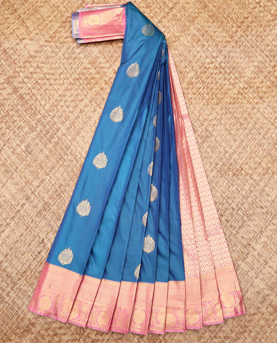 Blue Budget Silk Saree, Elevated with Zari Buttas, Complemented by a Contrast Traditional Zari Border, Jaal Pallu, and a Contrast Blouse