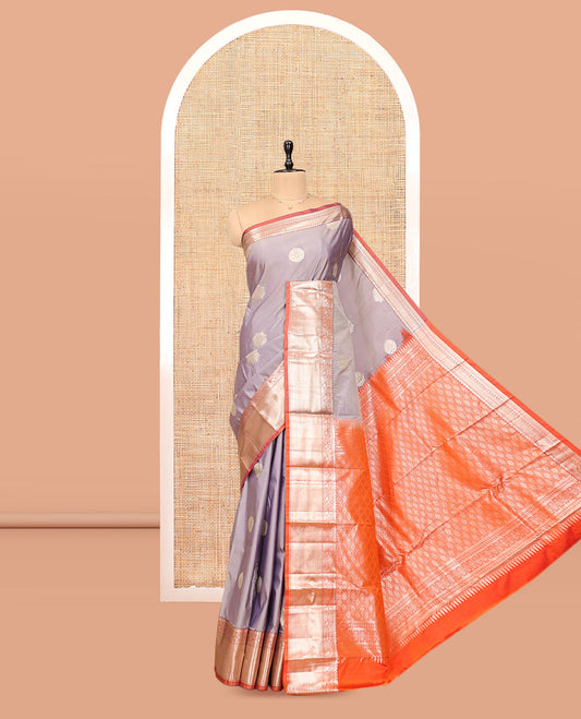 Grey Budget Silk Saree, Enriched with Zari Buttas, Complemented by Contrast Traditional Zari Border, Pallu of Jaal Designs, and Contrast Blouse