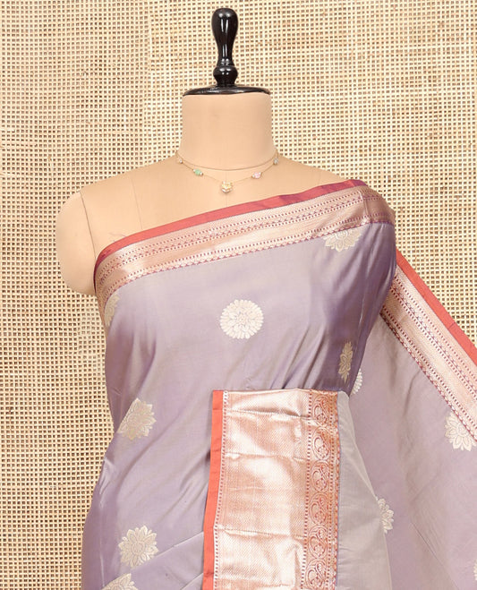 Grey Budget Silk Saree, Enriched with Zari Buttas, Complemented by Contrast Traditional Zari Border, Pallu of Jaal Designs, and Contrast Blouse