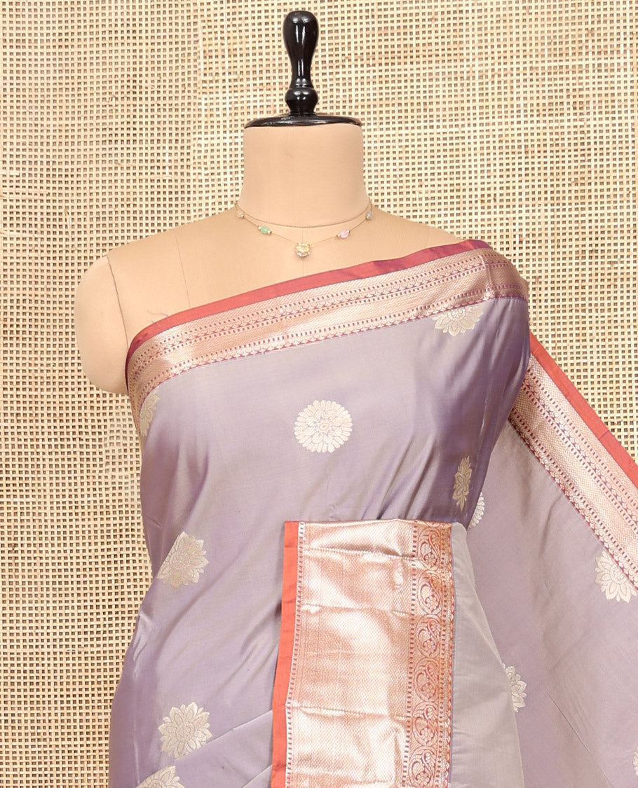 Grey Budget Silk Saree, Enriched with Zari Buttas, Complemented by Contrast Traditional Zari Border, Pallu of Jaal Designs, and Contrast Blouse