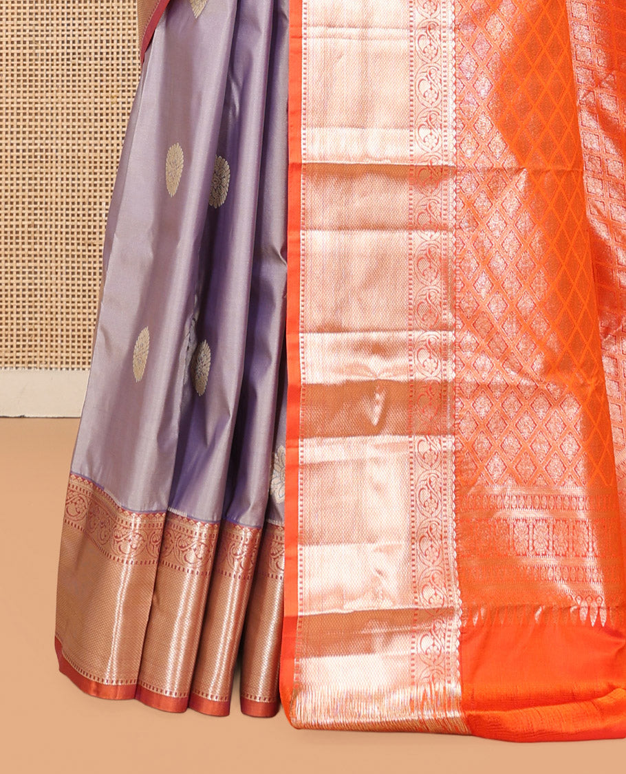 Grey Budget Silk Saree, Enriched with Zari Buttas, Complemented by Contrast Traditional Zari Border, Pallu of Jaal Designs, and Contrast Blouse