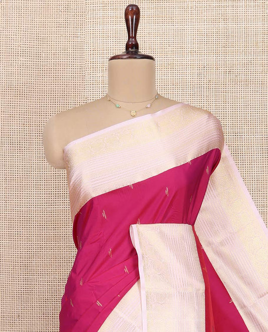 Pink Budget Silk Saree, Subtly Sparkled with Zari Buttas All Over Its Body, Complemented by a Contrast Traditional Zari Design Border, Grand Jaal Pallu, and Paired with a Contrast Blouse