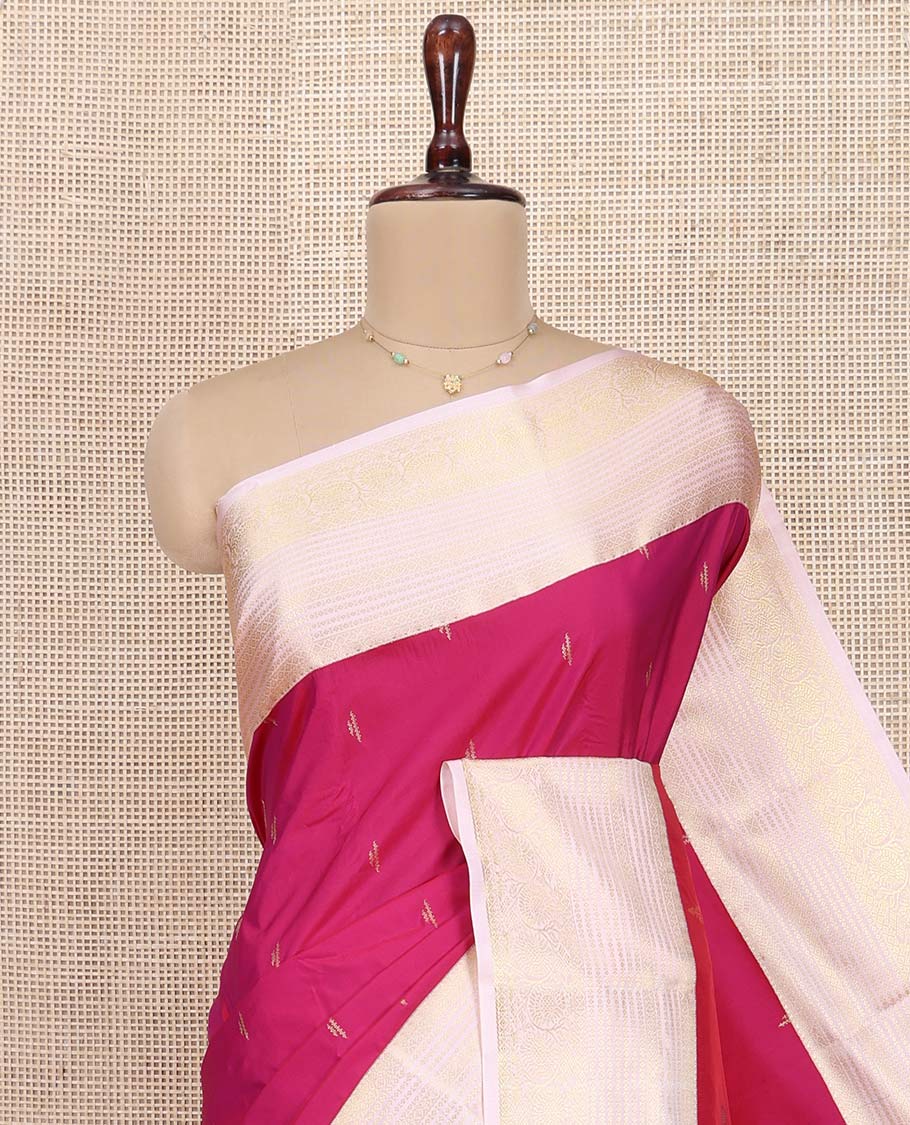 Pink Budget Silk Saree, Subtly Sparkled with Zari Buttas All Over Its Body, Complemented by a Contrast Traditional Zari Design Border, Grand Jaal Pallu, and Paired with a Contrast Blouse