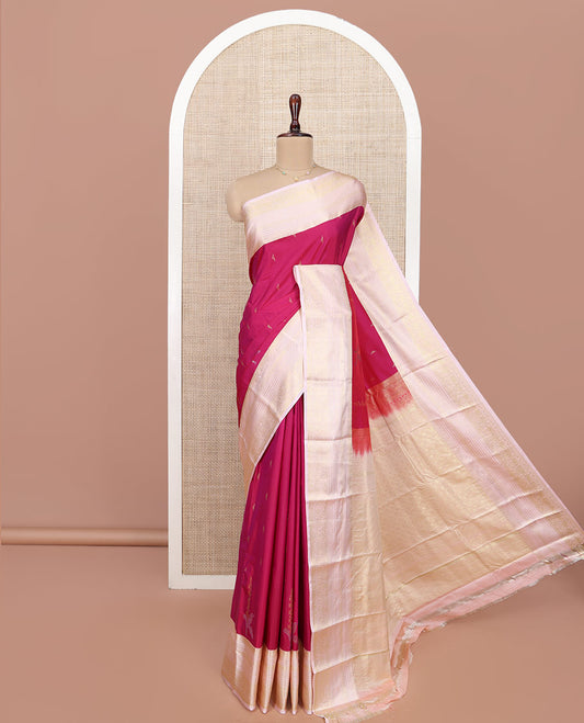 Pink Budget Silk Saree, Subtly Sparkled with Zari Buttas All Over Its Body, Complemented by a Contrast Traditional Zari Design Border, Grand Jaal Pallu, and Paired with a Contrast Blouse