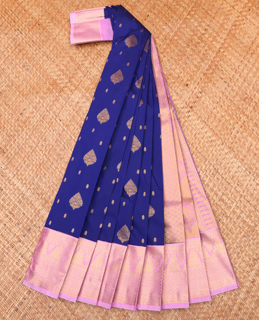 Blue Budget Silk Saree, Elevated with Zari Buttas All Over Its Body, Complemented by Contrast Traditional Zari Designs Woven Border, Grand Jaal Pallu and Paired with a Contrast Blouse