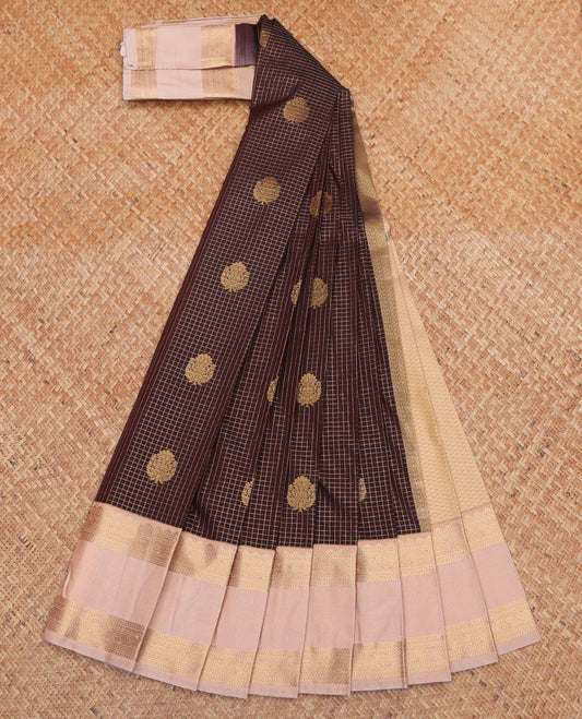Brown Budget Silk Saree, Adorned with Zari Buttas and Checks On Its Body, Complemented by Contrast Traditional Zari Designs Woven Rettai Pettu Border, Jaal Pallu and Paired with a Contrast Blouse
