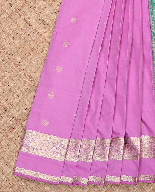 Pink Budget Silk Saree, Elevated with Zari Buttas All Over Its Body, Highlighted by a Traditional Zari Design Border of Peacocks, Captivating Contrast Pallu of Intricate Design, and Paired with a Contrast Blouse