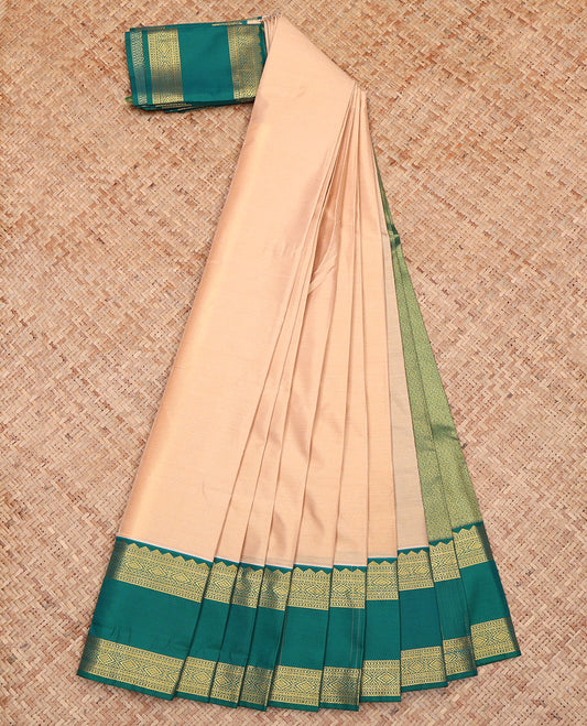 Sandal Budget Silk Saree, Sparkled with Zari Stripes All Over Its Body, Complemented by a Contrast Traditional Zari Design Rettai Pettu Border, a Gleaming Pallu, and Paired with a Contrast Blouse