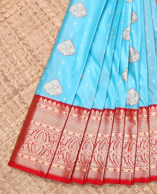 Blue Budget Silk Saree, Finely Crafted with Zari Buttas All Over Its Body, Complemented by a Contrast Traditional Zari Design Border, Grand Jaal Pallu, and Paired with a Contrast Blouse