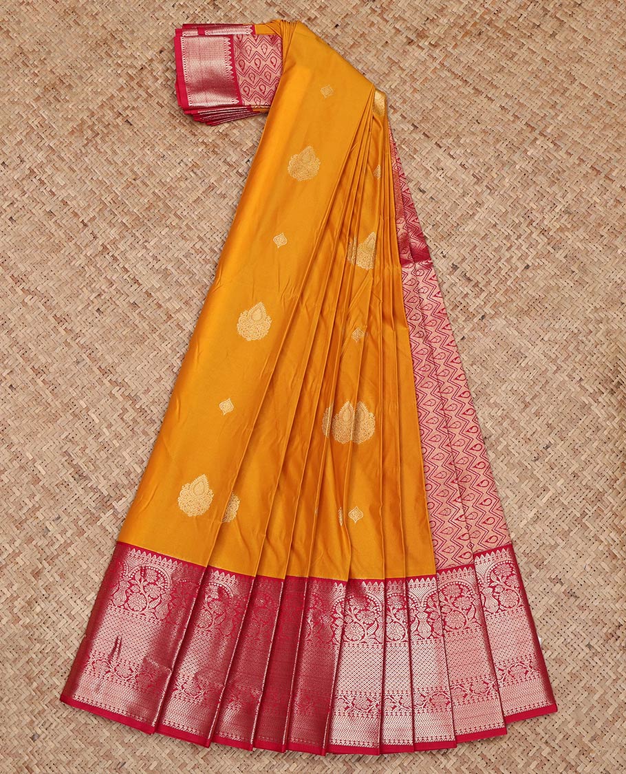 Orange Budget Silk Saree, Mesmerized with Zari Buttas on Its Body, Complemented by a Contrast Traditional Zari Design Border, Grand Pallu, and Paired with a Contrast Blouse