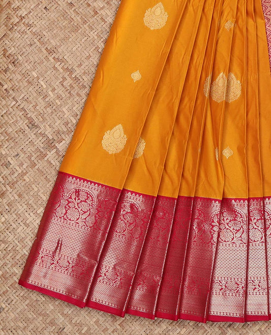 Orange Budget Silk Saree, Mesmerized with Zari Buttas on Its Body, Complemented by a Contrast Traditional Zari Design Border, Grand Pallu, and Paired with a Contrast Blouse