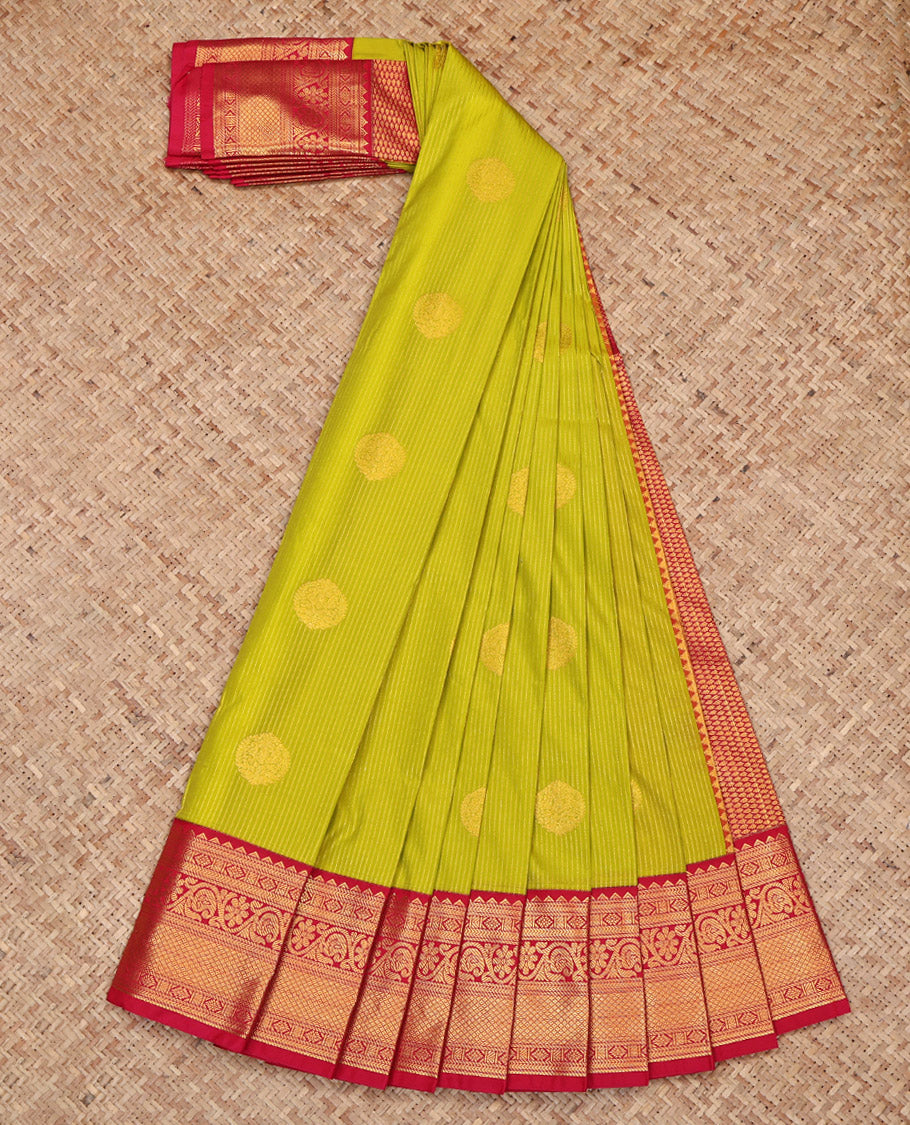Green Budget Silk Saree, Gleamed Up with Zari Buttas and Stripes on Its Body, Complemented by a Contrast Traditional Zari Design Border, Pallu of Jaal Designs, and Paired with a Contrast Blouse