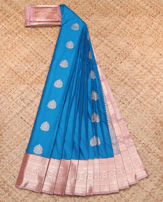 Blue Budget Silk Saree, Accentuated with Zari Buttas, Complemented by a Contrast Traditional Zari Border, Pallu of Intricate Designs, and a Contrast Blouse